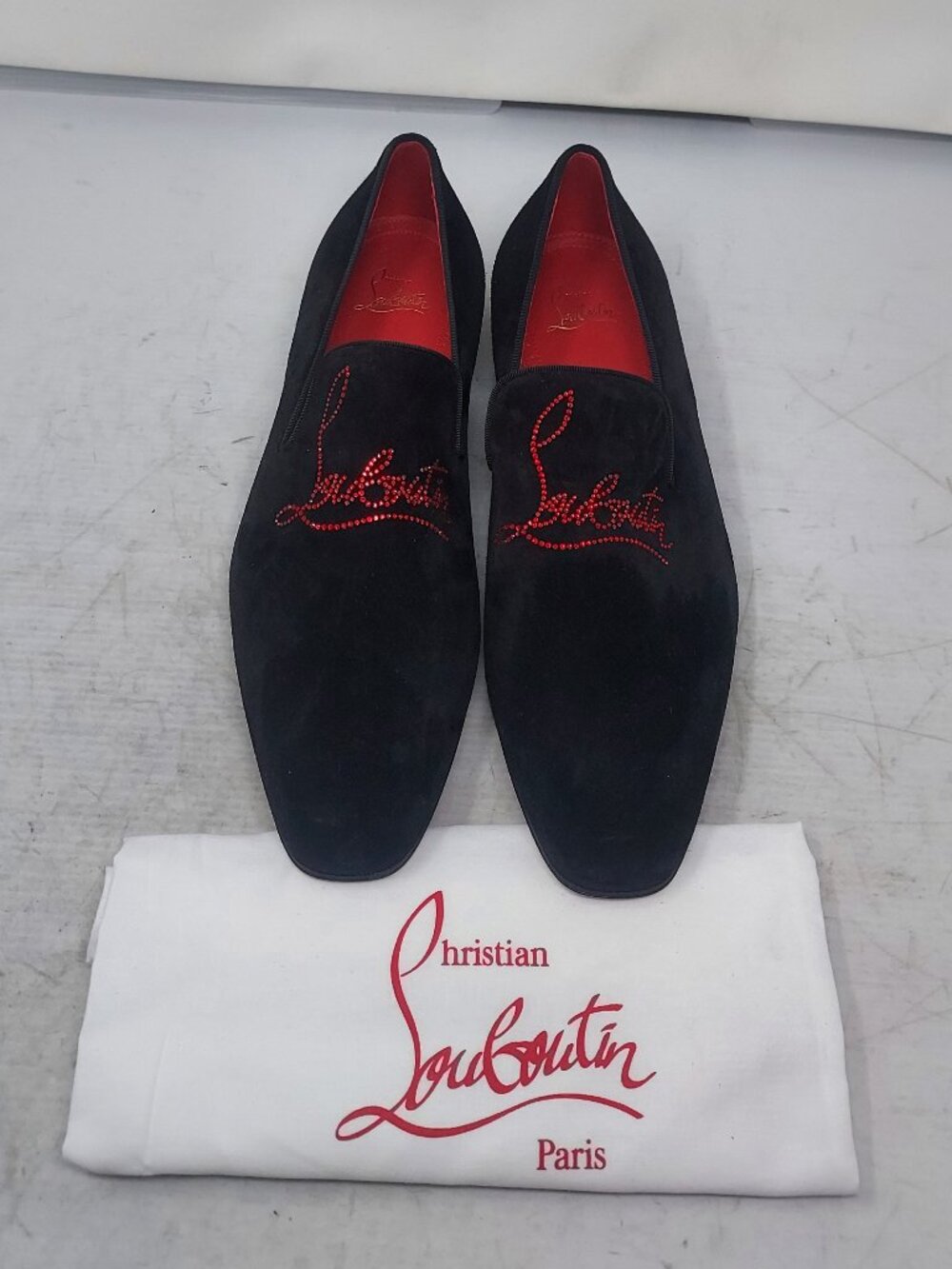 CHRISTIAN LOUBOUTIN Black Dandelion Strass Suede Logo Loafer